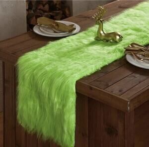 Lime Green Faux Fur Table Runner 96x13 Inch Satin Back Christmas Decor